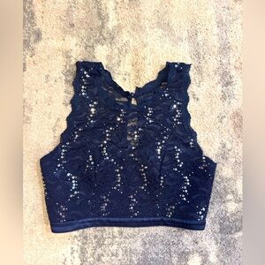 Blue Sequin Hearts Lace Crop Top